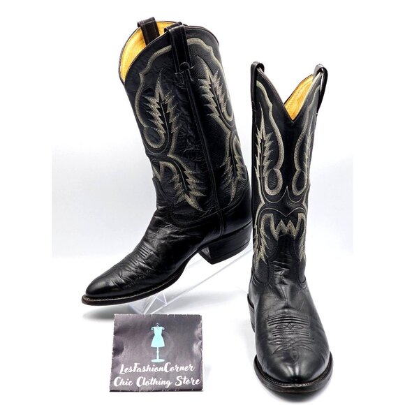 Tony Lama Men's Black Leather Western Cowboy Round Toe Boots Size 8D 2856 - Picture 1 of 16